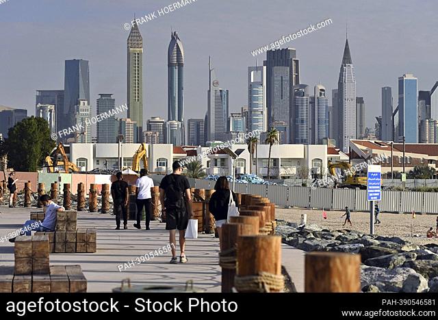 Excavators, demolition work, construction site, construction sites, construction noise on Le Mer Beach in Dubai. In the background