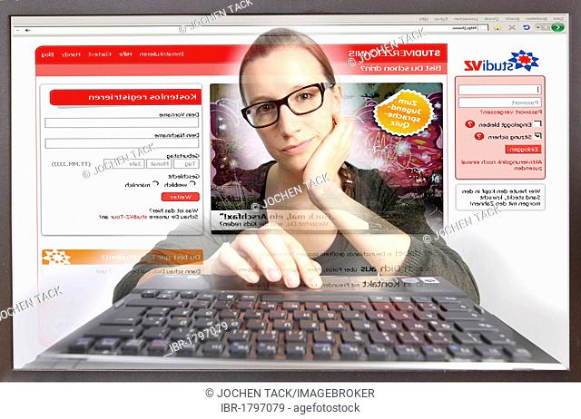 Young woman sitting at a computer surfing the Internet, viewing a page of StudiVZ, a social network for students, view from within the computer, symbolic image