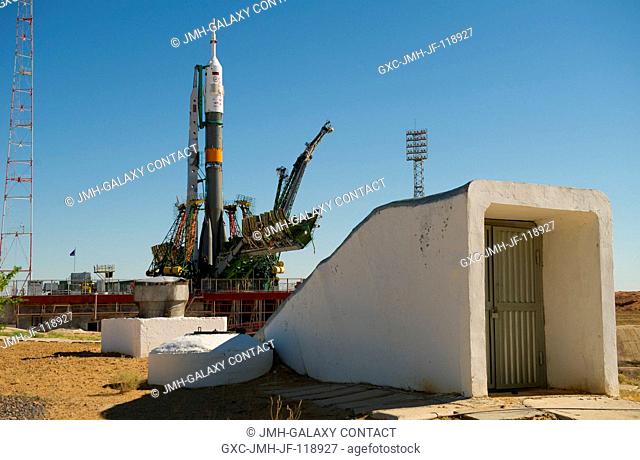The Soyuz TMA-05M spacecraft is positioned near a bunker at the launch pad following its rollout, Thursday, July 12, 2012 at the Baikonur Cosmodrome in...