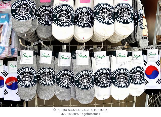 Seoul (South Korea): Starbucks and Korean flag socks sold in Insadong