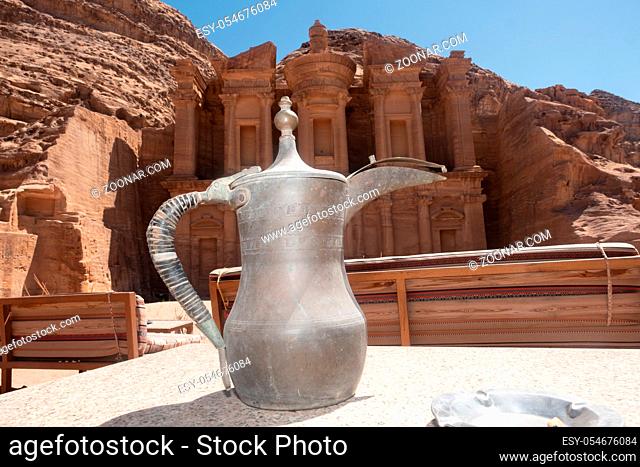 Arabuc coffee pot on backround of Monastery in Petra
