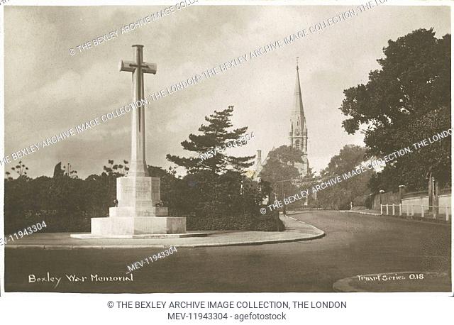 Bexley War Memorial stands on the corner of Hurst Road (left) and Parkhill Road (straight ahead). St John's Church, Bexley can be seen in the background