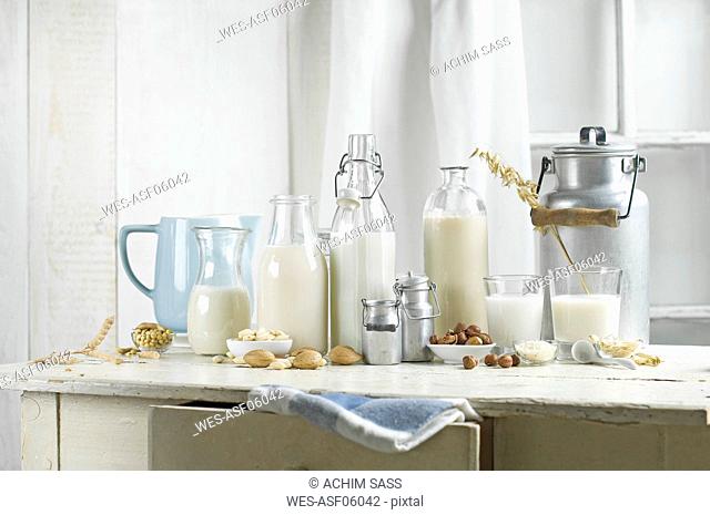Vegan milk, Soy milk, almond milk, lactose-free, hazelnut milk, rice milk, oak milk