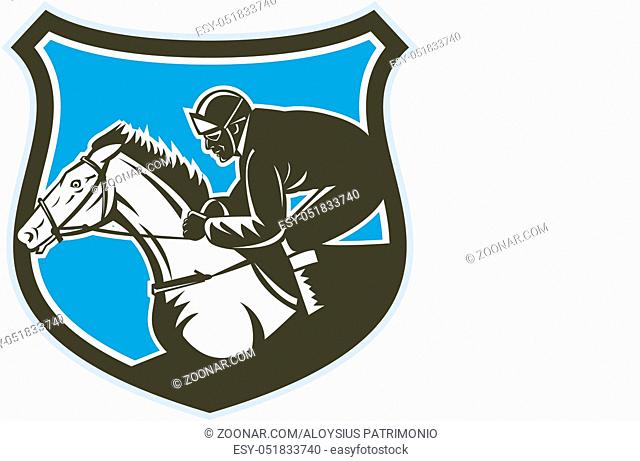 Illustration of horse and jockey racing viewed from side set inside shield crest on isolated background done in retro style