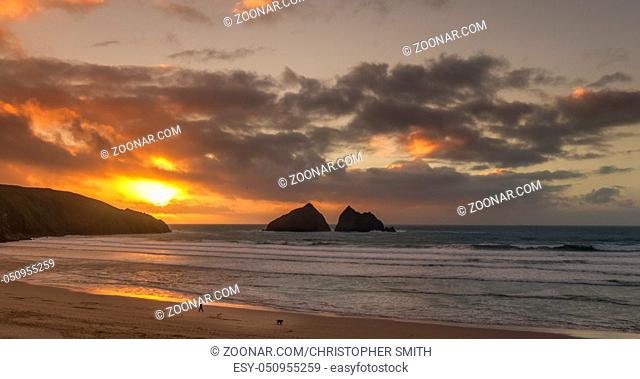 sunset over Holywell Bay Beach Cornwall England UK