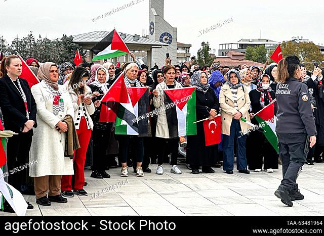 TURKEY, ANKARA - OCTOBER 18, 2023: Women take part in a rally for Palestine outside the Kocatepe Mosque, hundreds of citizens involved