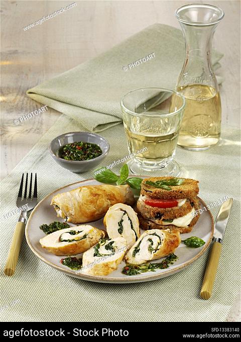 Chicken roulade with aubergine towers and chimichurri