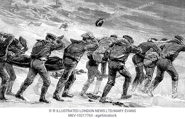 Engraving showing the survivors of the Greely Arctic Expedition being carried to safety, near Cape Sabine, Smith South, 1884.   Led by Lt