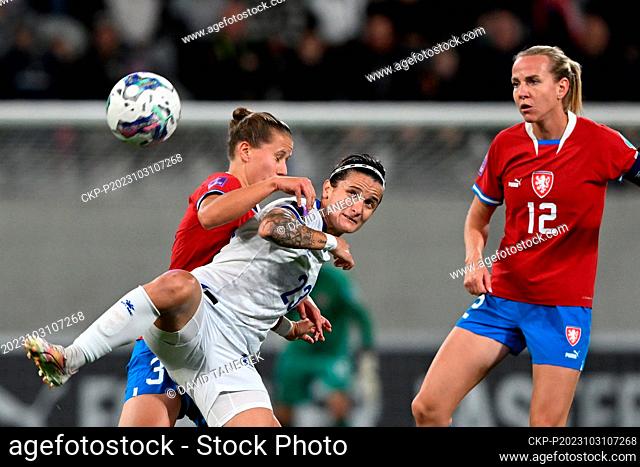 L-R Eliska Sonntagova (CZE), Aida Hadzic (BIH) and Klara Cahynova (CZE) in action during the UEFA Women's Nations League, League B, Group B4