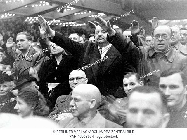 A large group of people listen to the speech by Propaganda Minister Joseph Goebbels, who called for ""total war"" at the Sportpalast in Berlin, Germany