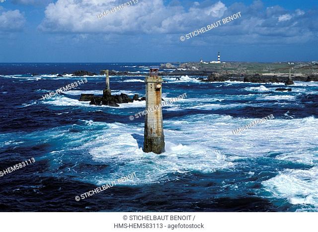 France, Finistere, Ile d'Ouessant, Pointe de Pern, flagship Nividic and Creac'h lighthouse, the most powerful lighthouse in Europe