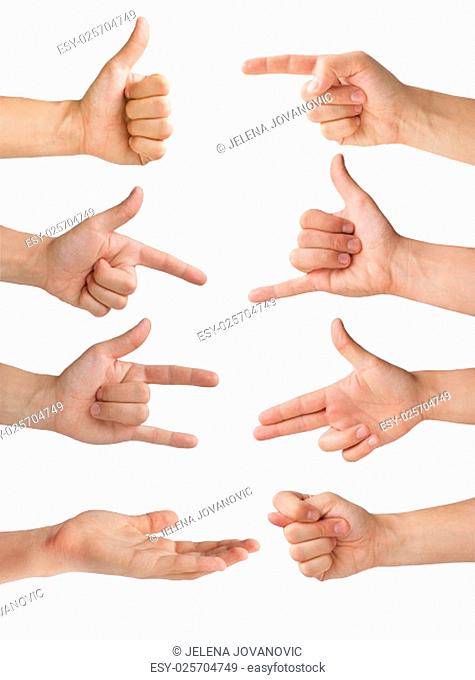 set of eight isolated hands with various gestures