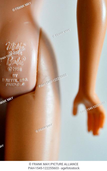 Type label on an Original Barbie doll, Germany, city of Osterode, 10. July 2019. Photo: Frank May | usage worldwide. - Osterode am Harz/Niedersachsen/Germany