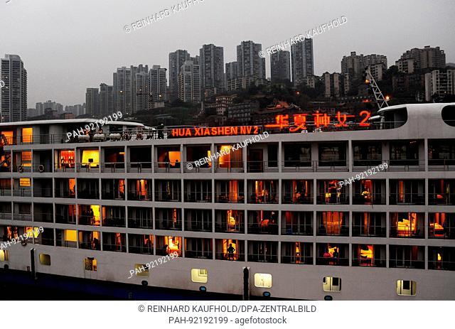 View of a river cruise ship on the Jialing Jiang river in the Chinese metropolis Chongqing (8 million residents). Taken 09.04.2017