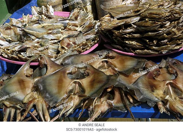 Dried stingrays and fish for sale at a seafood market near Yeongjongdo pier, Incheon, Gyeonggi-Do, South Korea