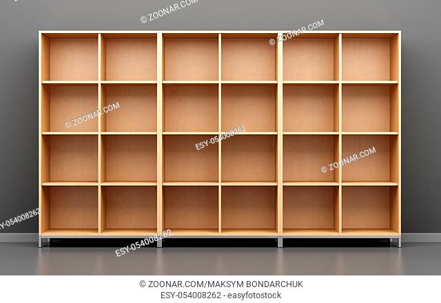 wooden office cabinet shelf in front of gray wall. 3d illustration