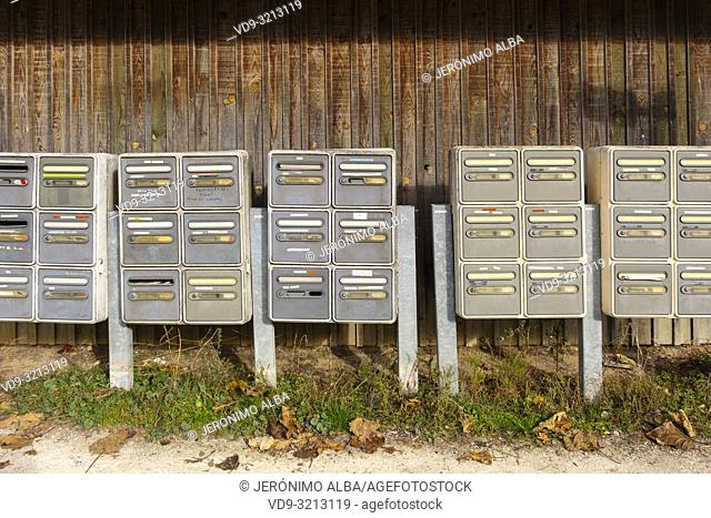 Postboxes. Oyster farming area, Arcachon Bay. Bassin d'Arcachon. Lège-Cap-Ferret, Gironde. Aquitaine region. France Europe