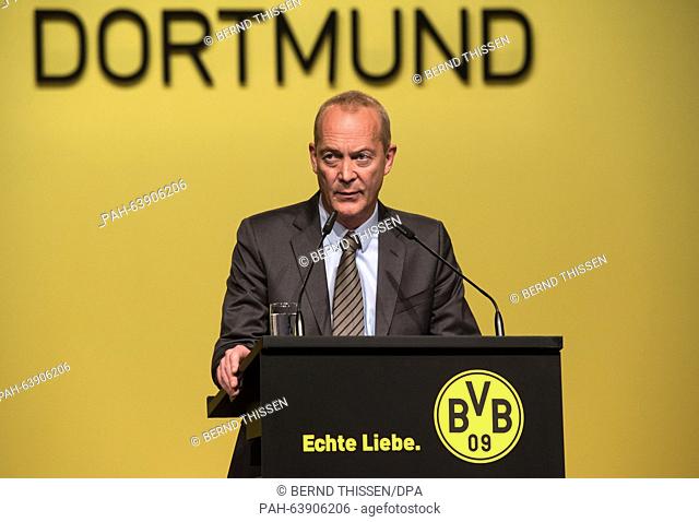 Thomas Tress, current CFO of German Bundesliga soccer team Borussia Dortmund, delivers a speech at the shareholders' meeting of Borussia Dortmund in Dortmund