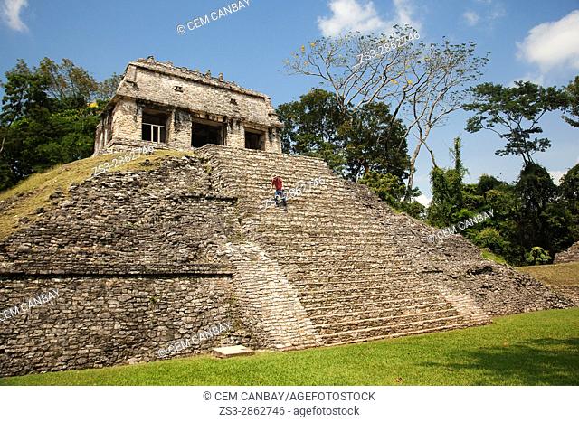 Tourist climbing down the stairs of the Temple of Conde-Templo del Conde in Palenque Archaeological Site, Palenque, Chiapas State, Mexico, Central America