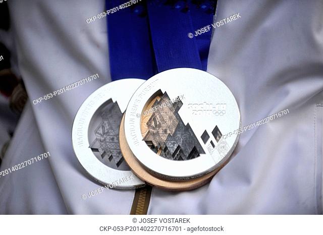 Medals of Czech Republic medalist Ondrej Moravec, silver medal in the men's biathlon 12.5k pursuit, bronze in men's biathlon 15K mass start and silver in the...