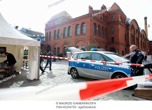 Policemen secure evidences of a homicide crime on the grounds of the Kulturbrauerei in Berlin, Germany, 01 September 2013