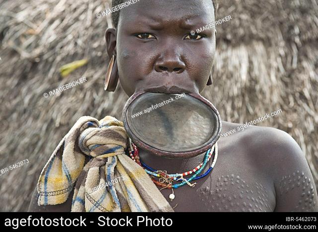 Surma woman with round lip plate, lip plate, Kibish, Omo Valley, Ethiopia, Africa