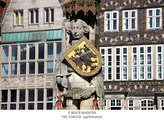 Statue of Roland, old building facade in the background, Bremen, Germany