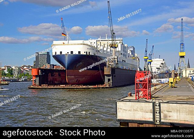 Europe, Germany, Hanseatic City of Hamburg, Port, Elbe, Shipyards, Ro-Ro/Container Carrier Atlantic Sail in floating dock, Blohm + Voss