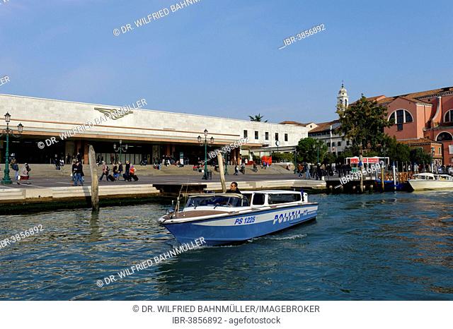 Police boat in front of the Santa Lucia train station, Cannaregio, Venice, Veneto, Italy
