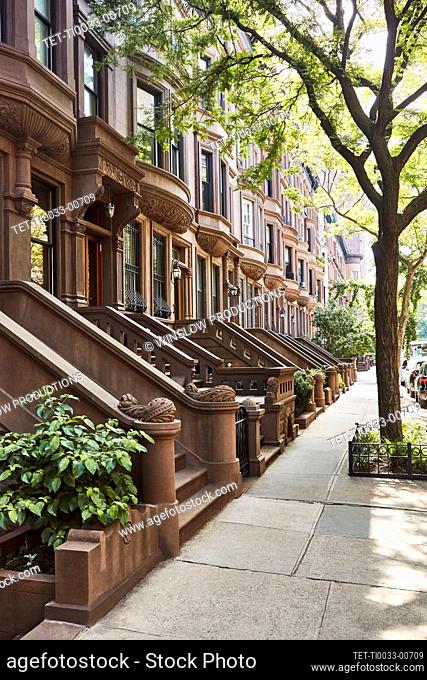 USA, New York, New York City, Row of brownstone buildings