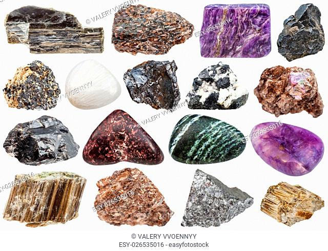 set of various natural mineral stones - stibnite, asbestos, chrysotile, charoite, phlogopite, corundum, perovskite, piemontite, scolecite, titanite, muscovite