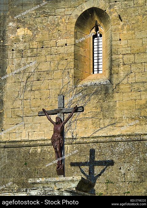 icon of Christ on crucifux outside chapel at Chateau de Biron, Biron, Dordogne Department, Nouvelle-Aquitaine, France