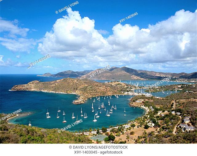 West over English Harbour and Nelson’s Dockyard from Shirley Heights on the south coast of Caribbean island of Antigua