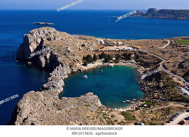 St Paul's Bay, view from the Acropolis of Lindos, Lindos, Rhodes, Greece, Europe