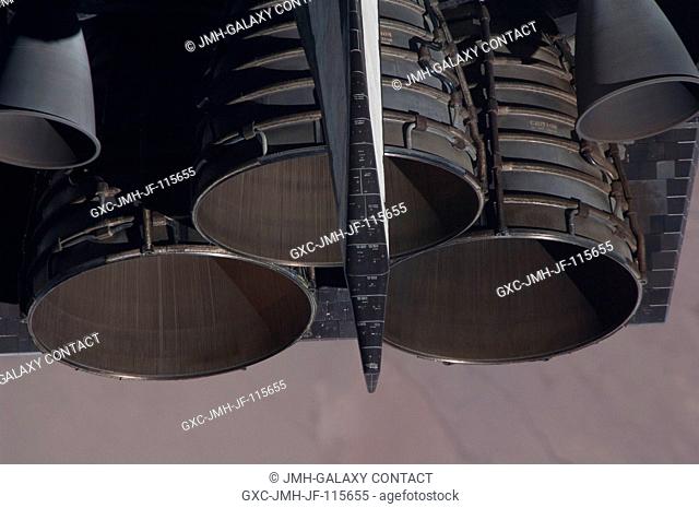 This close-up view of the space shuttle Endeavour's three main engines was provided by an Expedition 27 crew member during a survey of the approaching STS-134...