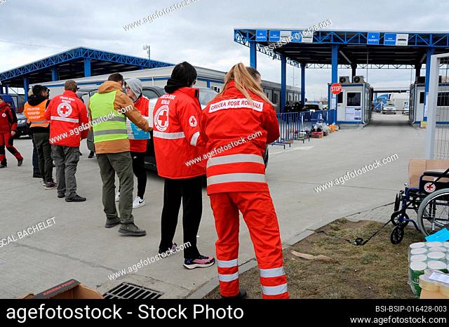 Isaccea border post - Romania. Reception of Ukrainian refugees by the Romanian Red Cross. Distribution of hot drinks, food, stuffed animals, clothing, diapers