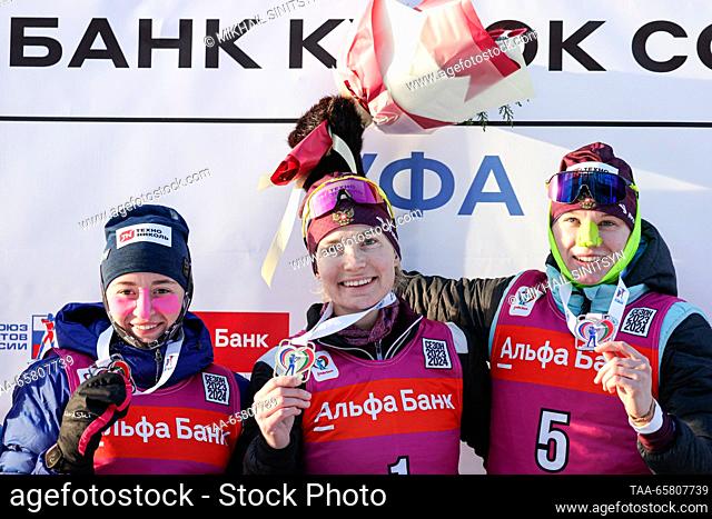 RUSSIA, UFA - DECEMBER 16, 2023: Silver medallist Anastasia Shevchenko of Russia, gold medal winner Tamara Derbusheva of Russia and bronze medallist Irina...