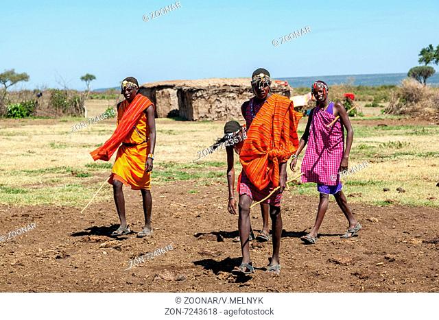 MASAI MARA, KENYA, AFRICA- FEB 12 Masai men, review of daily life of local people, near to Masai Mara National Park Reserve, Feb 12, 2010, Kenya