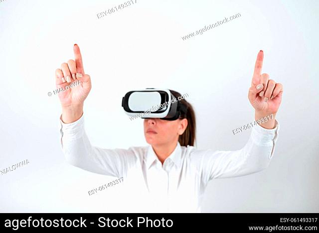 Woman Wearing Vr Glasses And Pointing On Important Messages With Both Hands