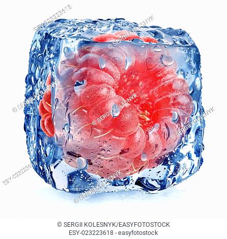 Pink raspberry in ice isolated on white