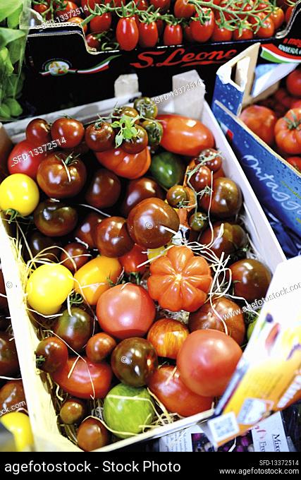 Various types of tomatoes in crate