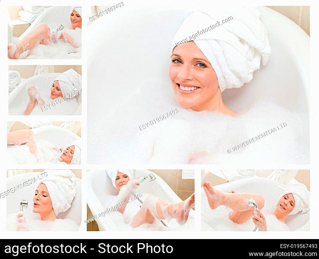 Collage of a cute woman taking a bath