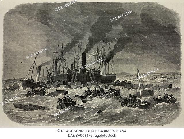Ships in trouble during a gale on the Thames river, United Kingdom, illustration from the magazine The Illustrated London News, volume XLVI, April 1, 1865