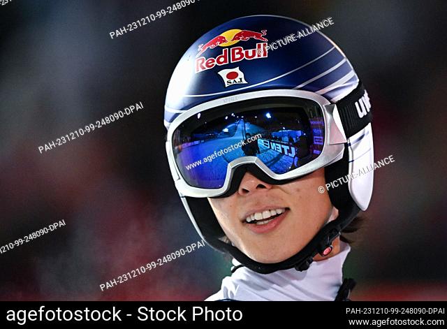 10 December 2023, Saxony, Klingenthal: Nordic skiing/ski jumping, World Cup, large hill, men, 2nd round. Ryoyu Kobayashi from Japan reacts after his jump