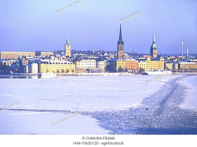 10650120, ice, froze, coast, lake, painting ares, sea, Riddarholmen, Sweden, Europe, town, city, Stockholm, overview, winter