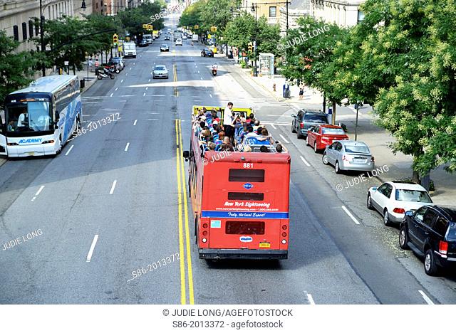 Looking Down at a Double-Decker Sightseeing Bus, Traveling North on Amsterdam Avenue near West 116th Street, on the Columbia University Campus