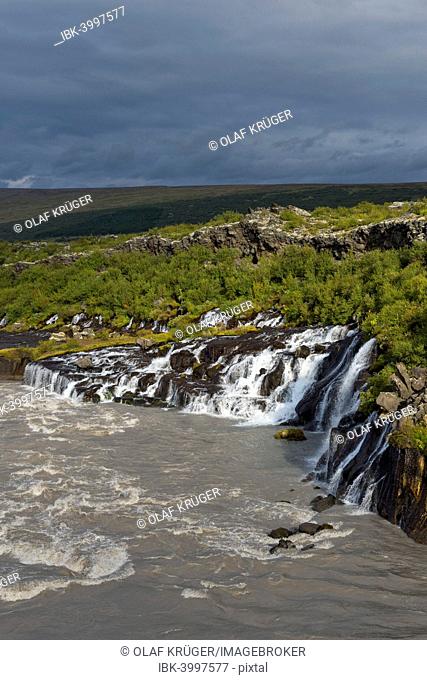 Hraunfossar, waterfalls of the river Hvita, near Húsafell and Reykholt, Iceland