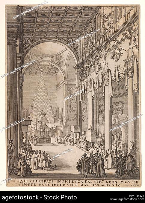 Catafalque of the Emperor Mathias with performance of funeral inside the Church of San Lorenzo, Florence. Artist: Jacques Callot (French
