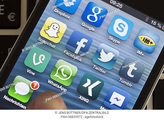 (ILLUSTRATION) An illustration dated 12 April 2013 shows the display of a smartphone with the app logos of various social media plattforms in Schwerin,  Germany