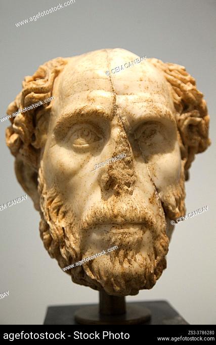 View to the the governor with stubble beard and Constantinopal hairstyle, Aphrodisias Museum, Geyre, Aydin Province, Asia Minor, Turkey, Europe